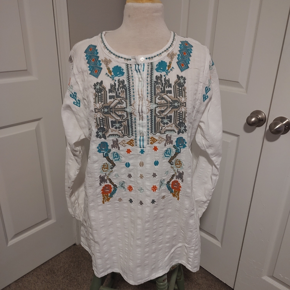 dylan White Embroidered Tunic with Teal & Orange Accents